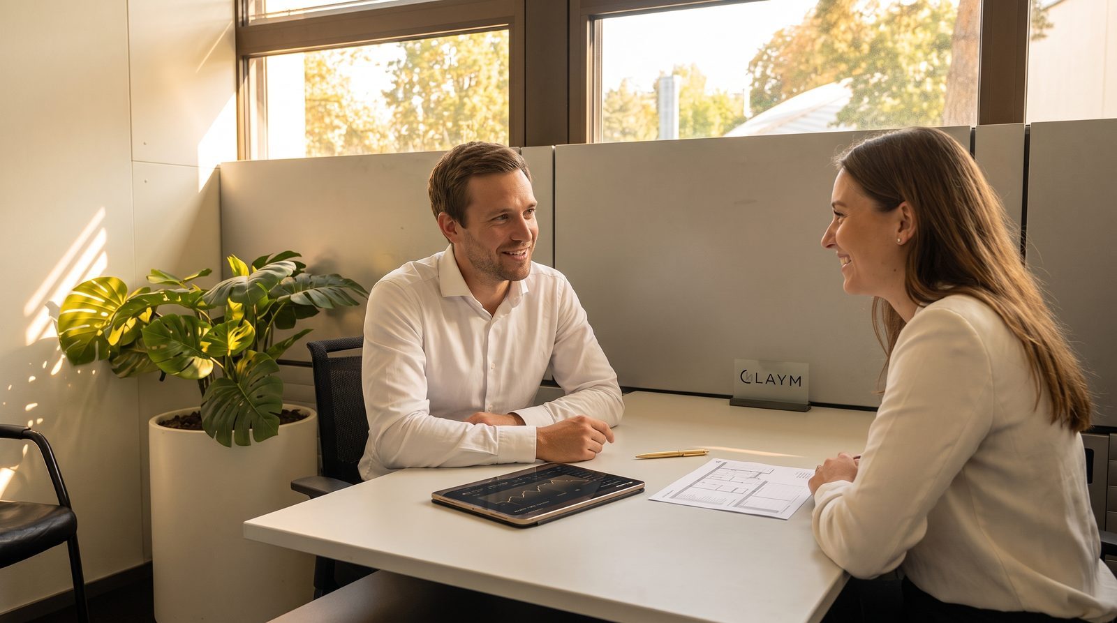 Beratungsgespräch am Tisch im Büro von Claym in Basel