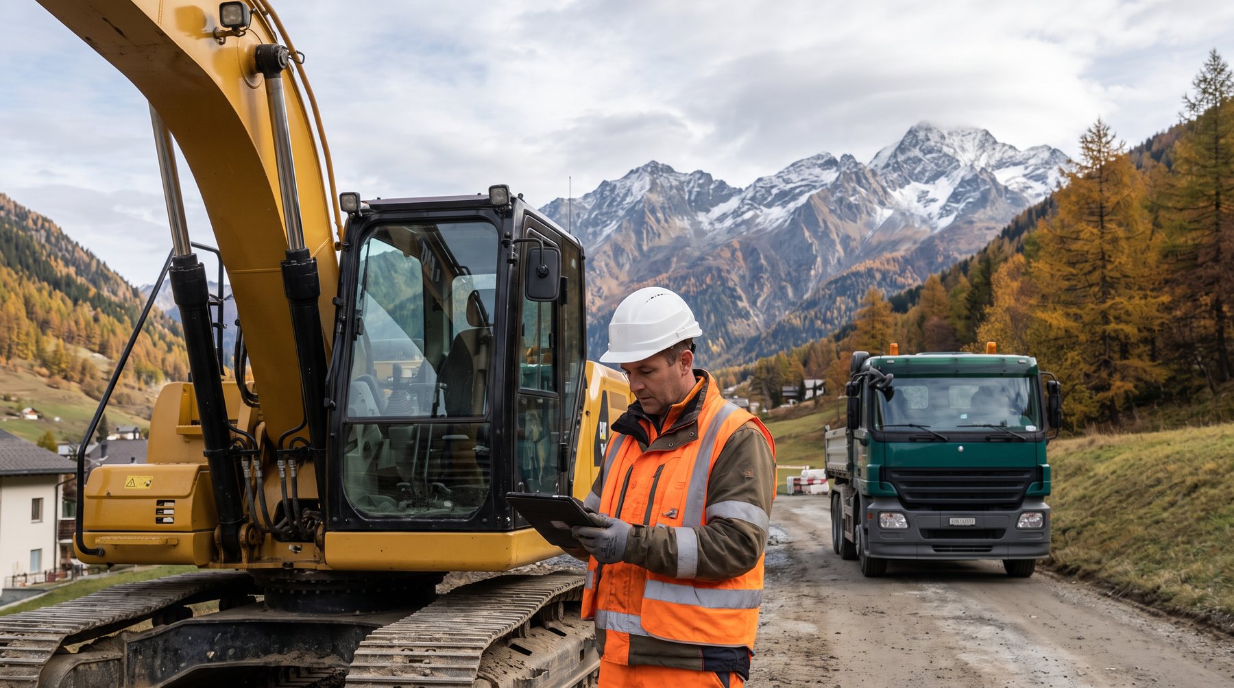 Projektleiter auf einer Tiefbau-Baustelle in einer Berggemeinde, Symbolbild